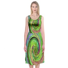 Groovy Abstract Green And Crimson Liquid Swirl Midi Sleeveless Dress by myrubiogarden