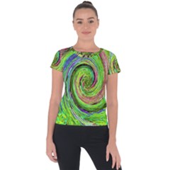 Groovy Abstract Green And Crimson Liquid Swirl Short Sleeve Sports Top  by myrubiogarden