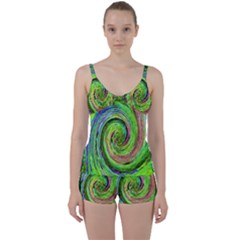 Groovy Abstract Green And Crimson Liquid Swirl Tie Front Two Piece Tankini by myrubiogarden