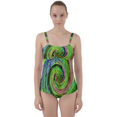 Groovy Abstract Green And Crimson Liquid Swirl Twist Front Tankini Set by myrubiogarden