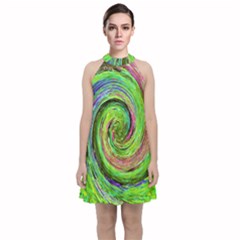 Groovy Abstract Green And Crimson Liquid Swirl Velvet Halter Neckline Dress 