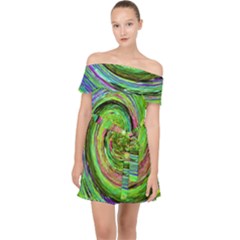 Groovy Abstract Green And Crimson Liquid Swirl Off Shoulder Chiffon Dress