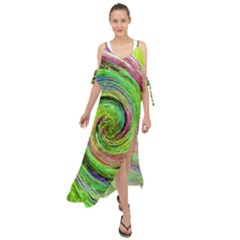 Groovy Abstract Green And Crimson Liquid Swirl Maxi Chiffon Cover Up Dress