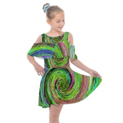 Groovy Abstract Green And Crimson Liquid Swirl Kids  Shoulder Cutout Chiffon Dress by myrubiogarden