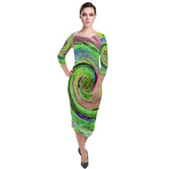 Groovy Abstract Green And Crimson Liquid Swirl Quarter Sleeve Midi Velour Bodycon Dress