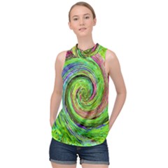 Groovy Abstract Green And Crimson Liquid Swirl High Neck Satin Top