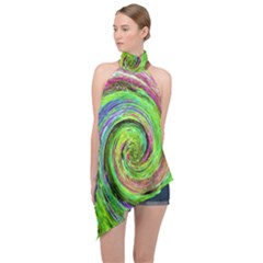 Groovy Abstract Green And Crimson Liquid Swirl Halter Asymmetric Satin Top by myrubiogarden