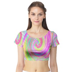 Groovy Abstract Pink And Blue Liquid Swirl Painting Short Sleeve Crop Top by myrubiogarden