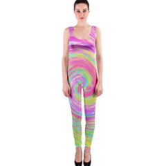 Groovy Abstract Pink And Blue Liquid Swirl Painting One Piece Catsuit by myrubiogarden