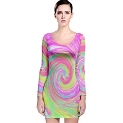 Groovy Abstract Pink And Blue Liquid Swirl Painting Long Sleeve Velvet Bodycon Dress