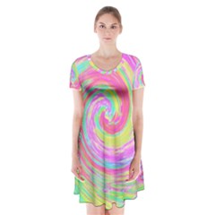 Groovy Abstract Pink And Blue Liquid Swirl Painting Short Sleeve V-neck Flare Dress by myrubiogarden