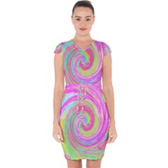 Groovy Abstract Pink And Blue Liquid Swirl Painting Capsleeve Drawstring Dress  by myrubiogarden