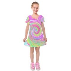 Groovy Abstract Pink And Blue Liquid Swirl Painting Kids  Short Sleeve Velvet Dress by myrubiogarden