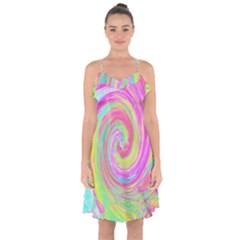 Groovy Abstract Pink And Blue Liquid Swirl Painting Ruffle Detail Chiffon Dress by myrubiogarden