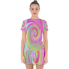 Groovy Abstract Pink And Blue Liquid Swirl Painting Drop Hem Mini Chiffon Dress by myrubiogarden