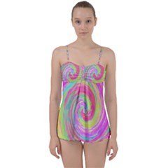 Groovy Abstract Pink And Blue Liquid Swirl Painting Babydoll Tankini Set by myrubiogarden