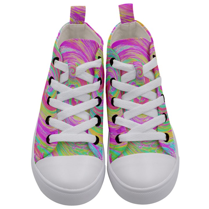 Groovy Abstract Pink And Blue Liquid Swirl Painting Kids  Mid-Top Canvas Sneakers