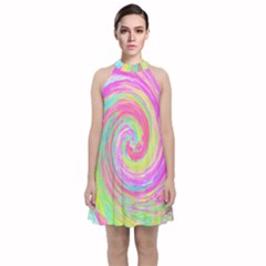 Groovy Abstract Pink And Blue Liquid Swirl Painting Velvet Halter Neckline Dress  by myrubiogarden