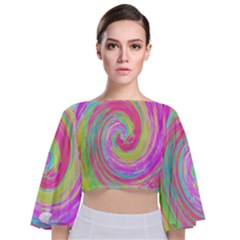 Groovy Abstract Pink And Blue Liquid Swirl Painting Tie Back Butterfly Sleeve Chiffon Top by myrubiogarden