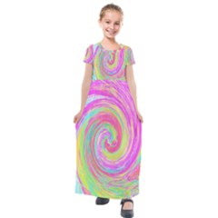 Groovy Abstract Pink And Blue Liquid Swirl Painting Kids  Short Sleeve Maxi Dress by myrubiogarden