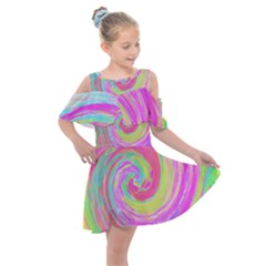 Groovy Abstract Pink And Blue Liquid Swirl Painting Kids  Shoulder Cutout Chiffon Dress by myrubiogarden