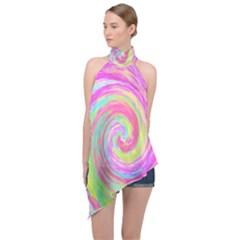 Groovy Abstract Pink And Blue Liquid Swirl Painting Halter Asymmetric Satin Top by myrubiogarden