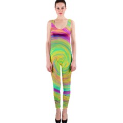 Groovy Abstract Purple And Yellow Liquid Swirl One Piece Catsuit by myrubiogarden