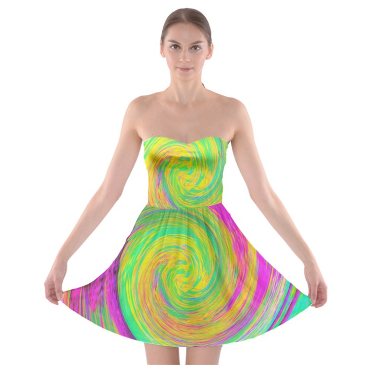 Groovy Abstract Purple And Yellow Liquid Swirl Strapless Bra Top Dress