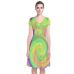 Groovy Abstract Purple And Yellow Liquid Swirl Short Sleeve Front Wrap Dress by myrubiogarden