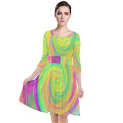 Groovy Abstract Purple And Yellow Liquid Swirl Quarter Sleeve Waist Band Dress