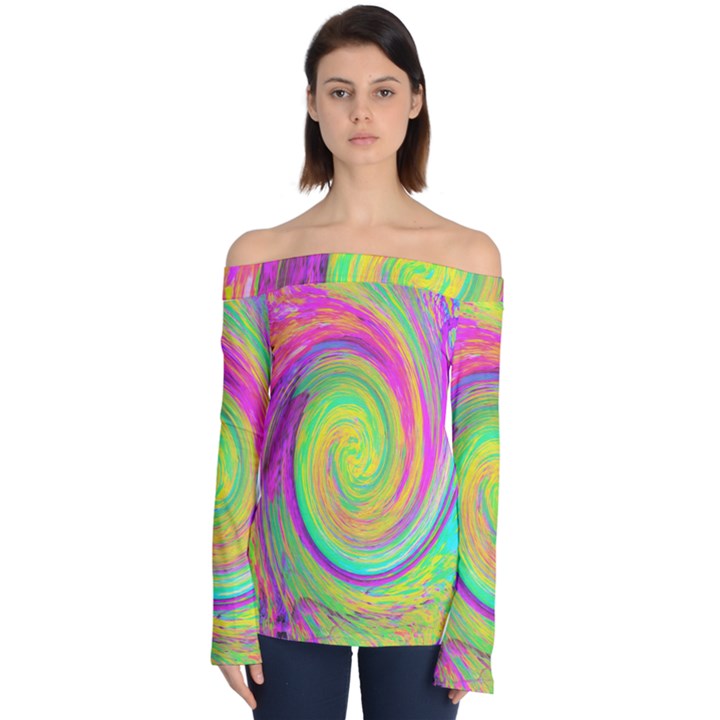 Groovy Abstract Purple And Yellow Liquid Swirl Off Shoulder Long Sleeve Top