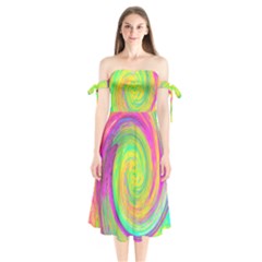 Groovy Abstract Purple And Yellow Liquid Swirl Shoulder Tie Bardot Midi Dress by myrubiogarden