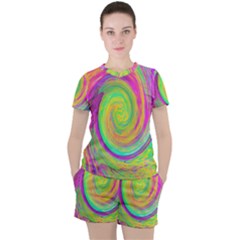 Groovy Abstract Purple And Yellow Liquid Swirl Women s Tee And Shorts Set