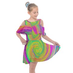 Groovy Abstract Purple And Yellow Liquid Swirl Kids  Shoulder Cutout Chiffon Dress by myrubiogarden