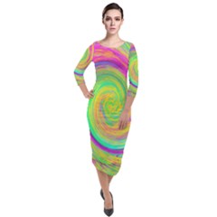 Groovy Abstract Purple And Yellow Liquid Swirl Quarter Sleeve Midi Velour Bodycon Dress