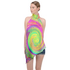 Groovy Abstract Purple And Yellow Liquid Swirl Halter Asymmetric Satin Top by myrubiogarden