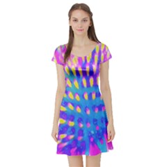 Pink, Blue And Yellow Abstract Coneflower Short Sleeve Skater Dress