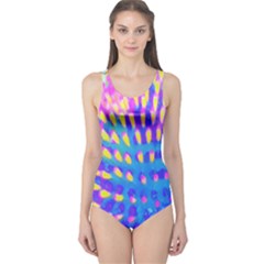 Pink, Blue And Yellow Abstract Coneflower One Piece Swimsuit by myrubiogarden