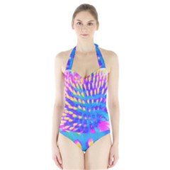 Pink, Blue And Yellow Abstract Coneflower Halter Swimsuit by myrubiogarden