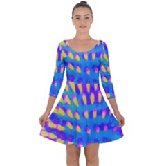 Pink, Blue And Yellow Abstract Coneflower Quarter Sleeve Skater Dress