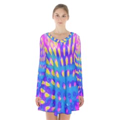 Pink, Blue And Yellow Abstract Coneflower Long Sleeve Velvet V-neck Dress