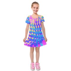 Pink, Blue And Yellow Abstract Coneflower Kids  Short Sleeve Velvet Dress