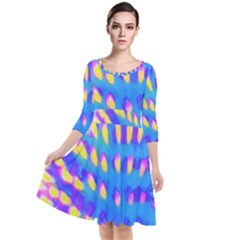 Pink, Blue And Yellow Abstract Coneflower Quarter Sleeve Waist Band Dress by myrubiogarden