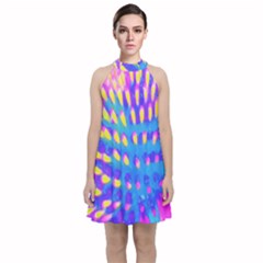 Pink, Blue And Yellow Abstract Coneflower Velvet Halter Neckline Dress 