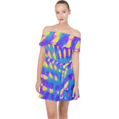 Pink, Blue And Yellow Abstract Coneflower Off Shoulder Chiffon Dress