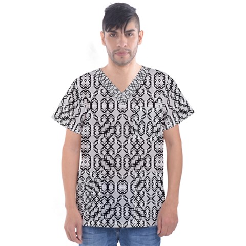 Black And White Intricate Modern Geometric Pattern Men s V-neck Scrub Top by dflcprintsclothing