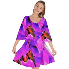 Abstract Ultra Violet Purple Iris On Red And Pink Velour Kimono Dress by myrubiogarden