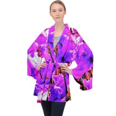 Abstract Ultra Violet Purple Iris On Red And Pink Velvet Kimono Robe by myrubiogarden