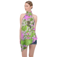 Hot Pink Succulent Sedum With Fleshy Green Leaves Halter Asymmetric Satin Top by myrubiogarden