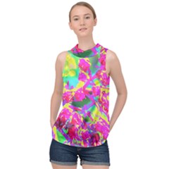 Psychedelic Succulent Sedum Turquoise And Yellow High Neck Satin Top